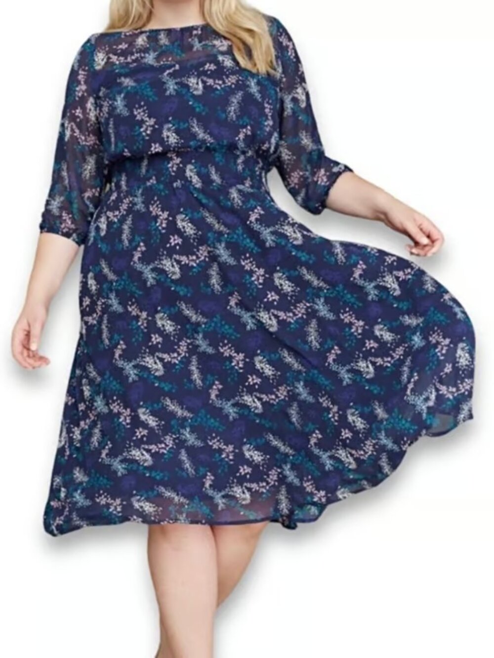 Lane Bryant Navy Blue Floral Chiffon Midi Dress Women's Plus Size 20P Smocked - Picture 2 of 16